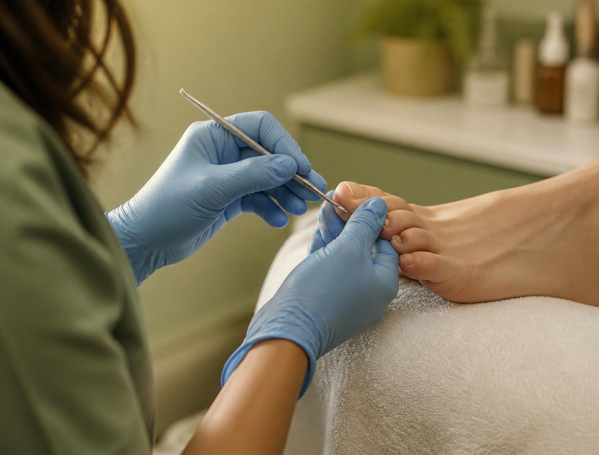 Podologische Behandlung: behandschuhte Hände arbeiten mit einem Instrument am Zehennagel